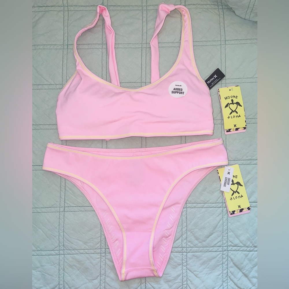 Hurley Pink Two-Piece Bikini Set with Pale Yellow Trim